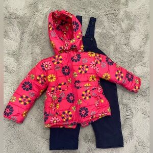 Floral Pink Puffer Jacket with Navy Overalls